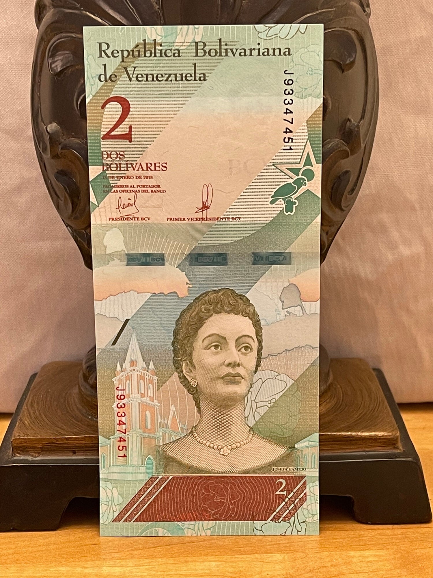Doña Ignacia Josefa Camejo & Yellow-Crowned Parrot 2 Bolívares Venezuela Authentic Banknote Money for Collage (Revolutionary) (Lady Ardent)