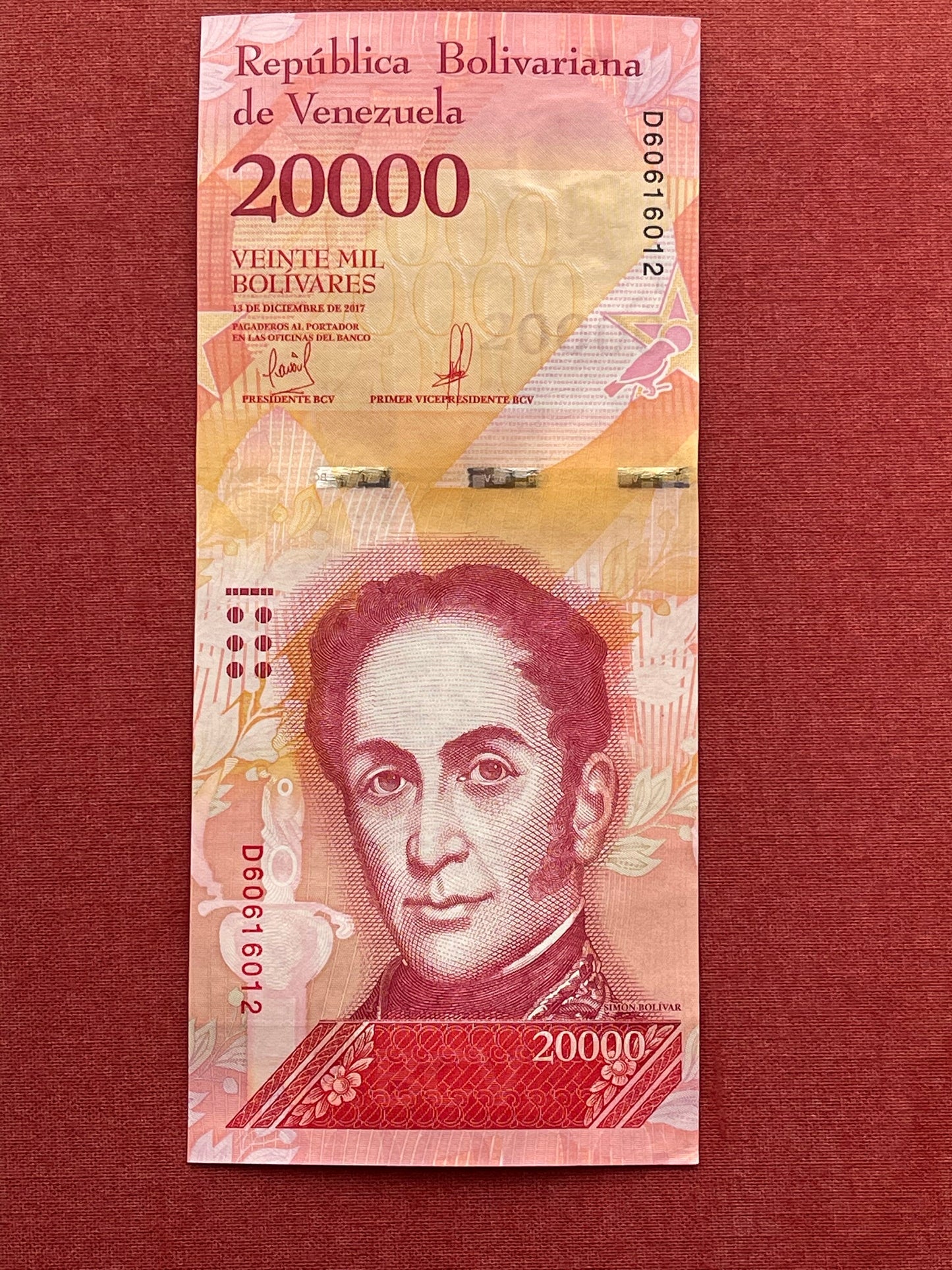 Liberator Simón Bolivar & Red Siskin Finches 20,000 Bolívares Venezuela Authentic Banknote Money for Collage (El Ávila National Park)