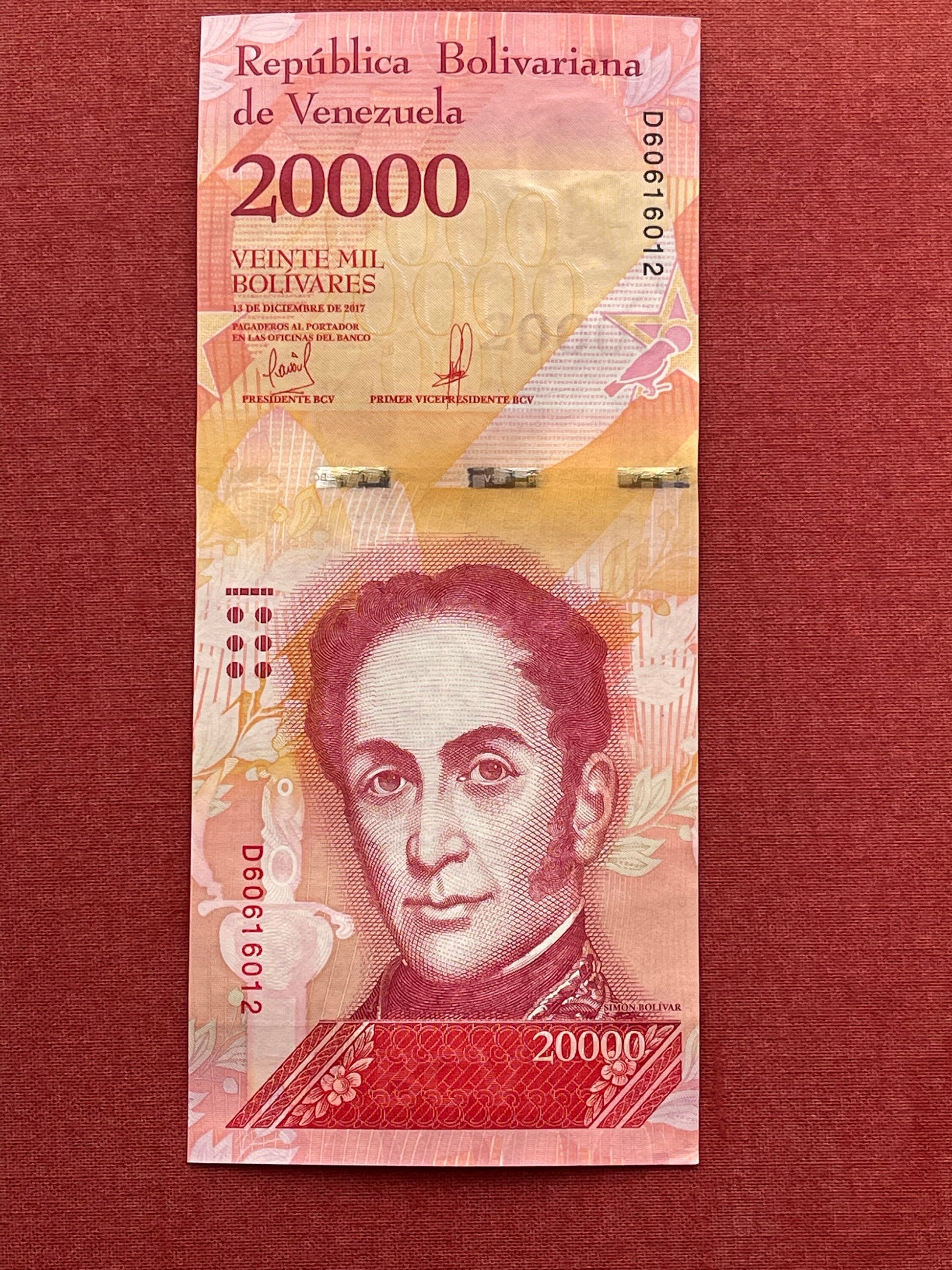 Liberator Simón Bolivar & Red Siskin Finches 20,000 Bolívares Venezuela Authentic Banknote Money for Collage (El Ávila National Park)