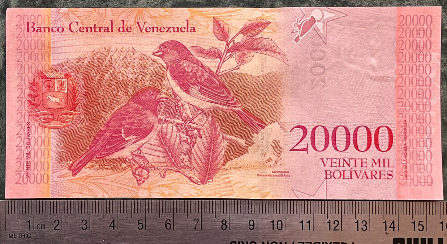 Liberator Simón Bolivar & Red Siskin Finches 20,000 Bolívares Venezuela Authentic Banknote Money for Collage (El Ávila National Park)