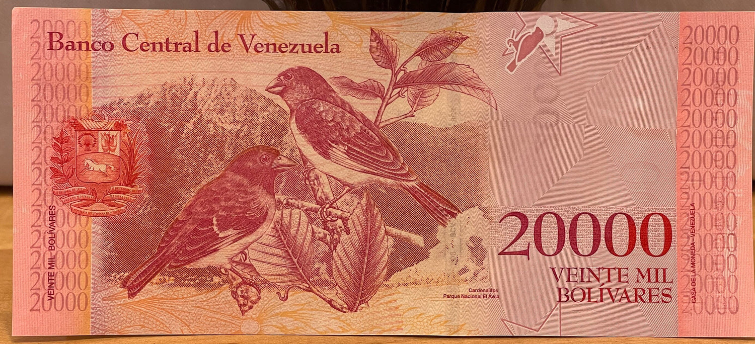 Liberator Simón Bolivar & Red Siskin Finches 20,000 Bolívares Venezuela Authentic Banknote Money for Collage (El Ávila National Park)