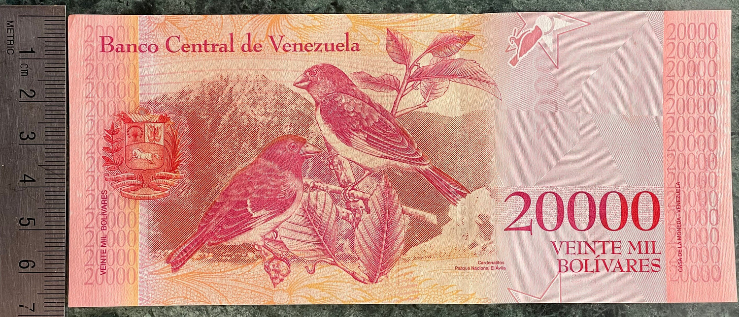Liberator Simón Bolivar & Red Siskin Finches 20,000 Bolívares Venezuela Authentic Banknote Money for Collage (El Ávila National Park)