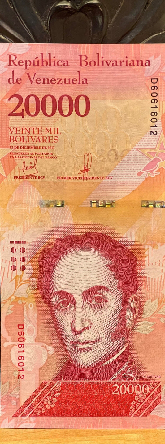 Liberator Simón Bolivar & Red Siskin Finches 20,000 Bolívares Venezuela Authentic Banknote Money for Collage (El Ávila National Park)