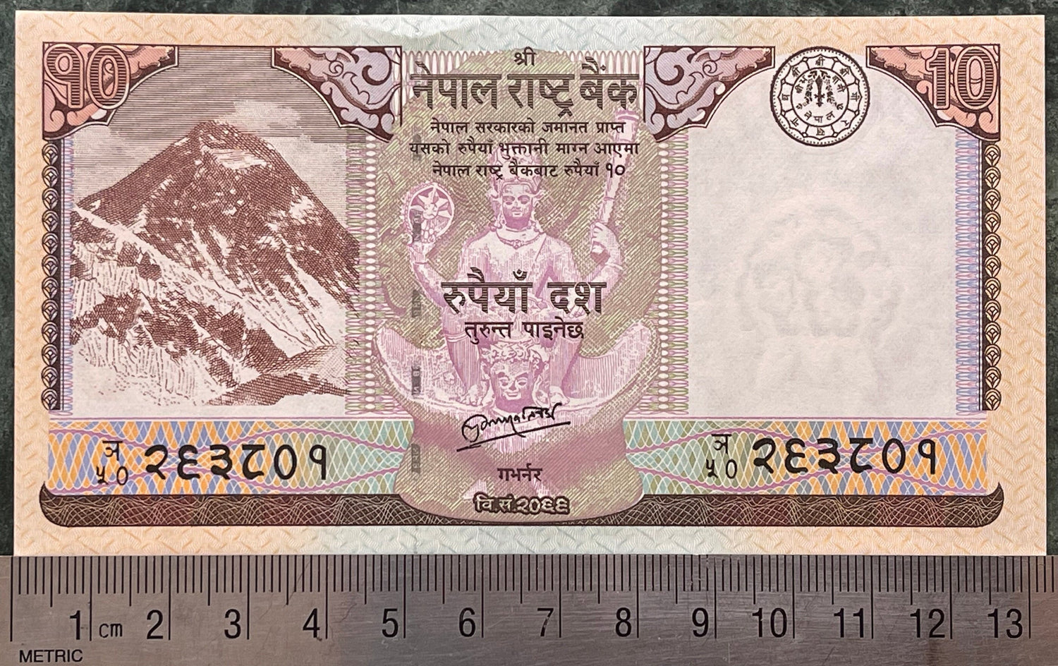 Blackbuck Antelope; Lord Vishnu Riding on Garuda; Mt Everest; Rhododendron 10 Rupees Nepal Authentic Banknote Money for Collage (Sagarmāthā)