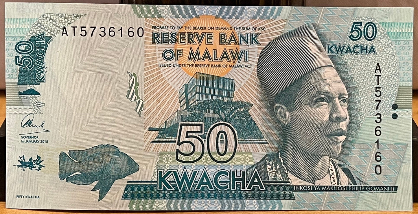 African Bush Elephants, Safari Jeep & Inkosi Ya Makhosi Gomani II 50 Kwacha Malawi Authentic Banknote Money for Collage (Cichlid) (Kasungu)