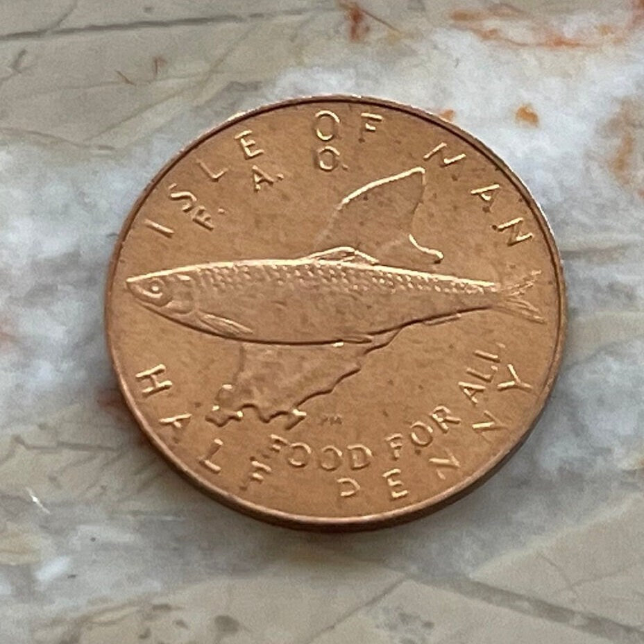 Atlantic Herring on Isle of Man Map Halfpenny Authentic Coin Money for Jewelry and Craft Making