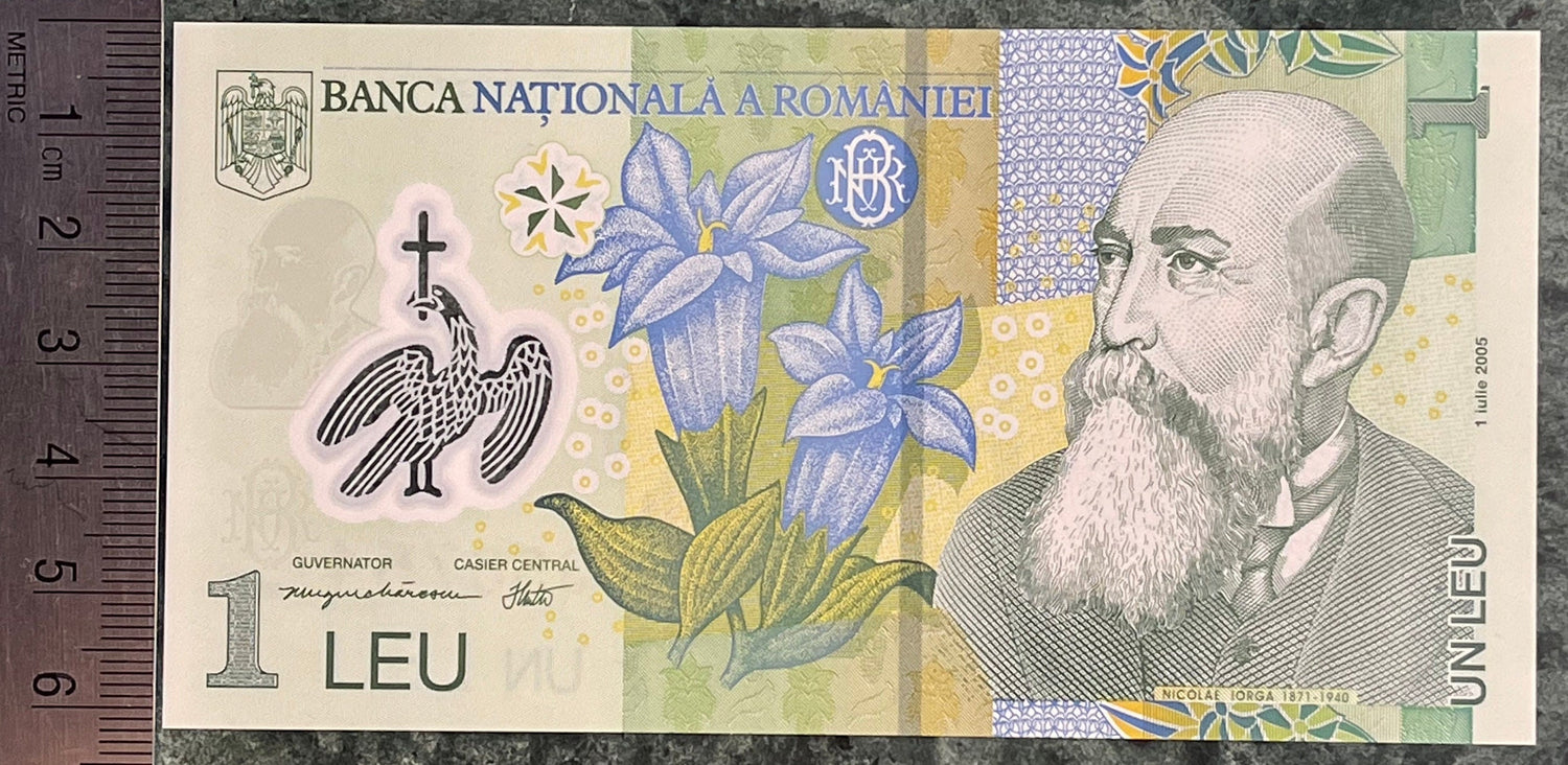 Myth of the Master Builder; Cathedral Curtea de Argeș; Gentian Flowers; Historian Nicolae Iorga 1 Leu Romanian Authentic Banknote Money