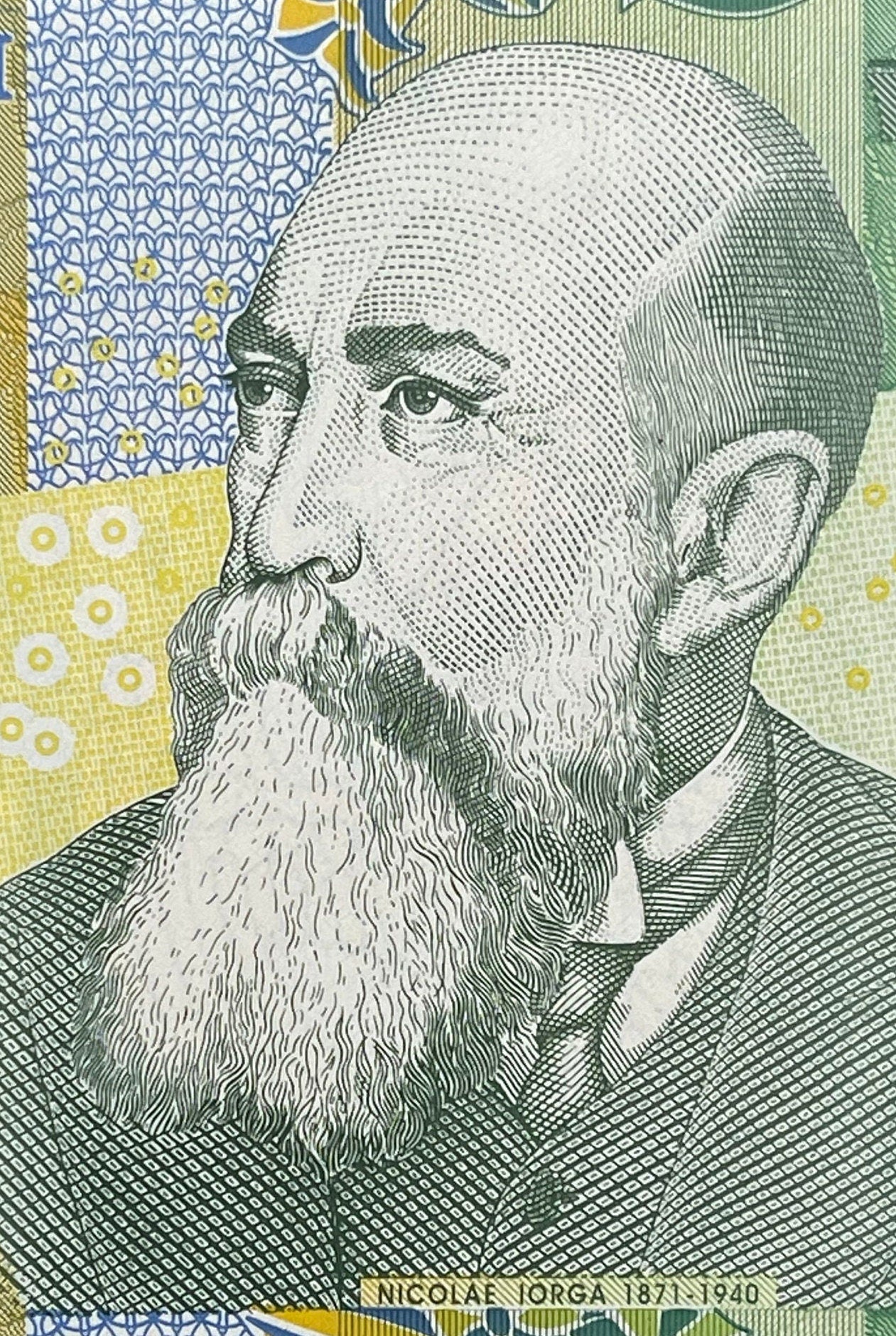 Willow Gentian Flowers; Historian Nicolae Iorga & Cathedral Curtea de Argeș 1 Leu Romanian Authentic Banknote Money for Collage (Eagle)