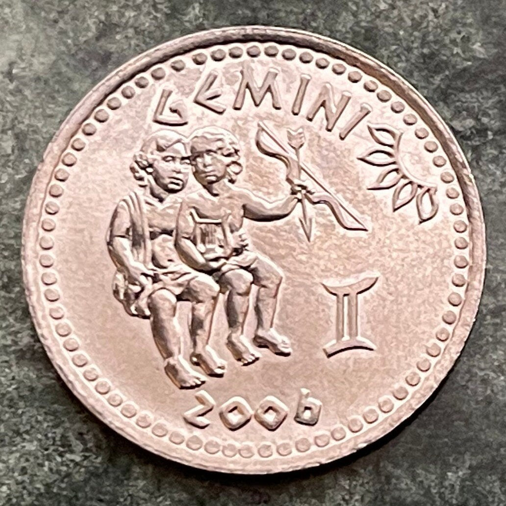 Gemini the Twins 10 Shillings Somaliland Authentic Coin Money for Jewelry and Crafts (Zodiac Series) (Astrology) (Castor) (Pollux) Dioscuri