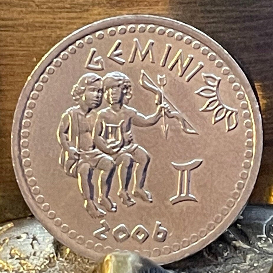 Gemini the Twins 10 Shillings Somaliland Authentic Coin Money for Jewelry and Crafts (Zodiac Series) (Astrology) (Castor) (Pollux) Dioscuri