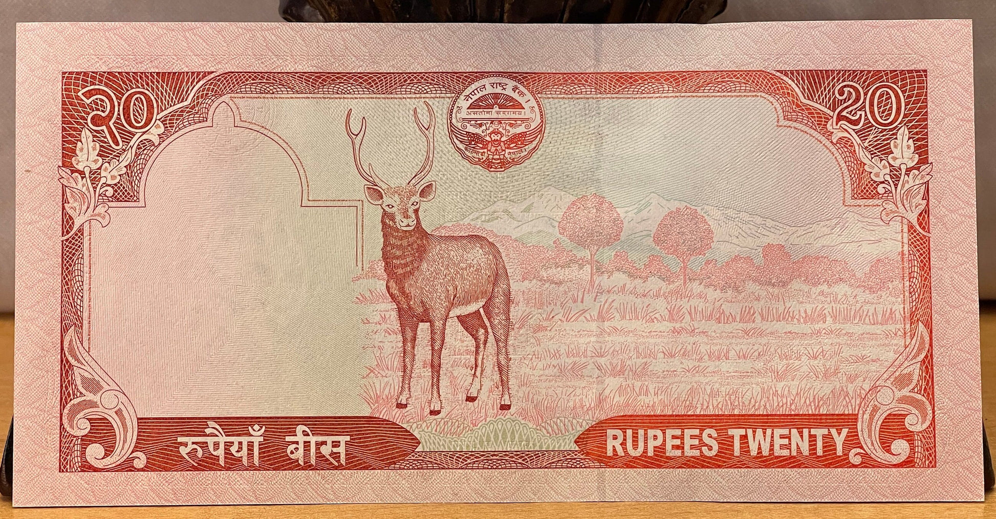 Sambar Deer; Flying Garuda; Krishna Mandir Temple; Mt Everest; Rhododendron 20 Rupees Nepal Authentic Banknote Money for Collage