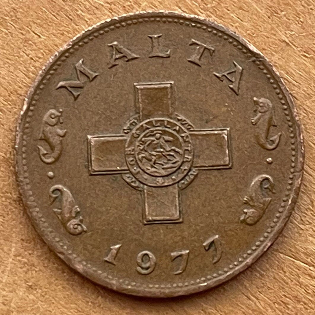 George Cross 1 Cent Malta Authentic Coin Money for Jewelry and Craft Making (For Gallantry) (St George and the Dragon) (Dolphins) VERY FINE