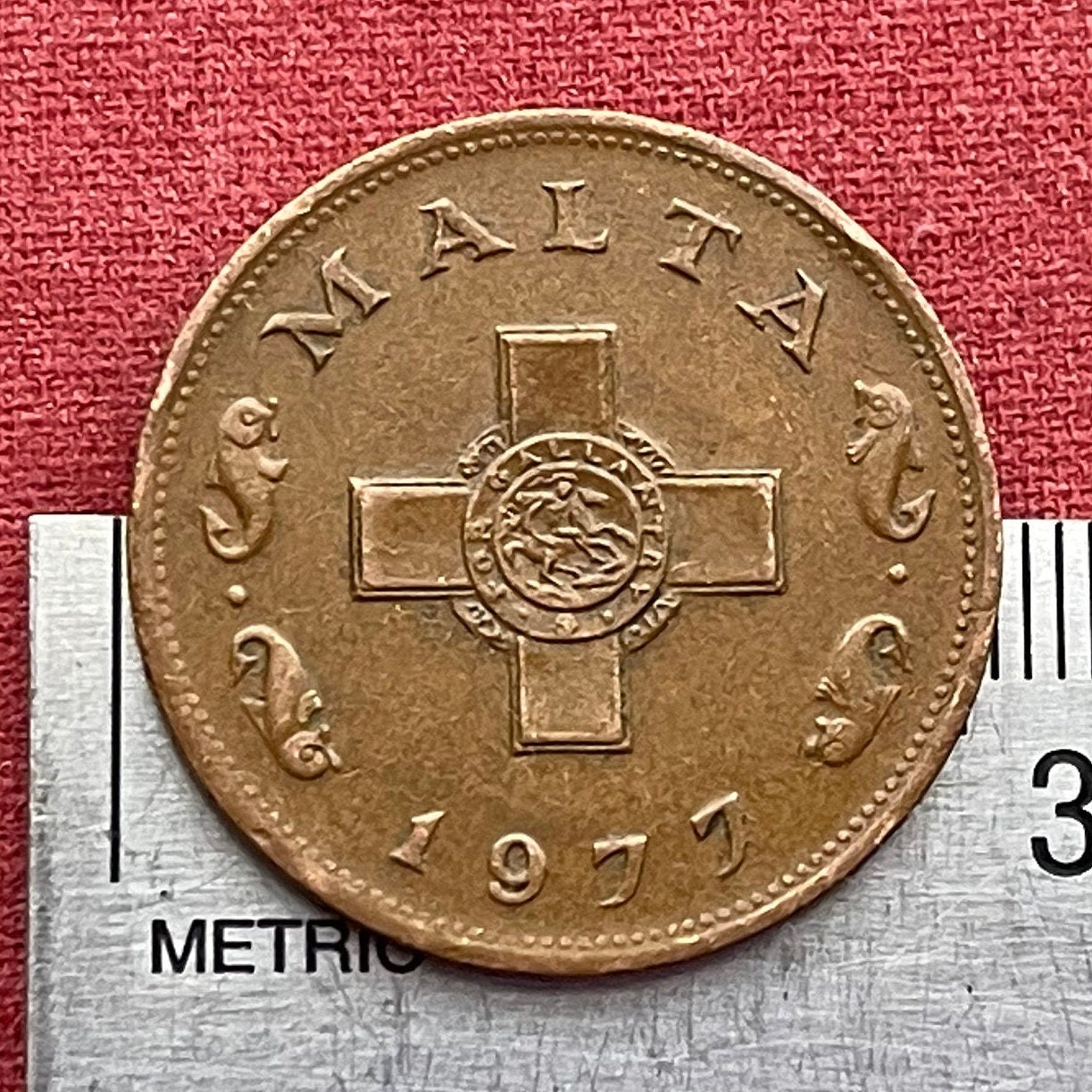 George Cross 1 Cent Malta Authentic Coin Money for Jewelry and Craft Making (For Gallantry) (St George and the Dragon) (Dolphins) VERY FINE