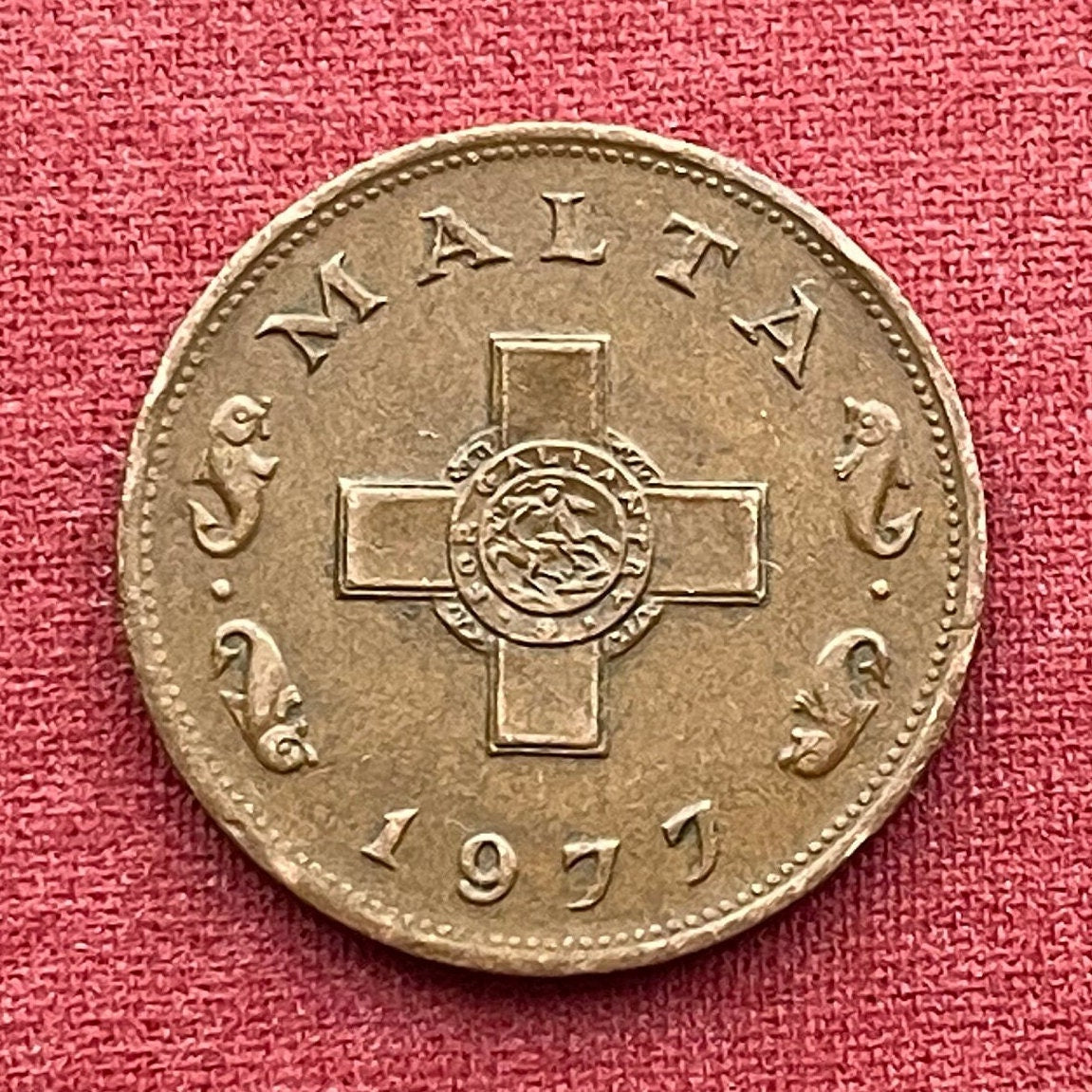 George Cross 1 Cent Malta Authentic Coin Money for Jewelry and Craft Making (For Gallantry) (St George and the Dragon) (Dolphins) VERY FINE
