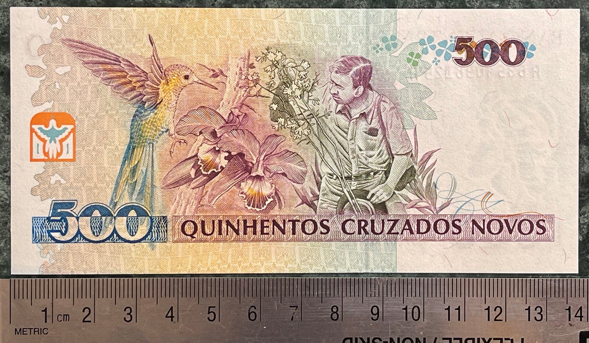 Swallow-Tailed Hummingbird, Environmentalist Augusto Ruschi & Cattleya Orchids 500 Cruzieros Brazil Authentic Banknote Money for Collage