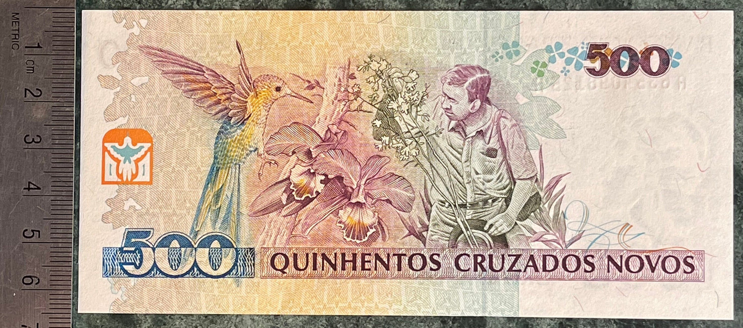 Swallow-Tailed Hummingbird, Environmentalist Augusto Ruschi & Cattleya Orchids 500 Cruzieros Brazil Authentic Banknote Money for Collage