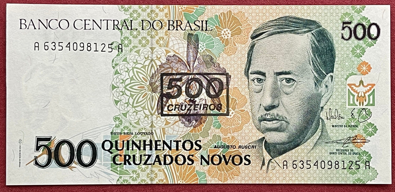 Swallow-Tailed Hummingbird, Environmentalist Augusto Ruschi & Cattleya Orchids 500 Cruzieros Brazil Authentic Banknote Money for Collage