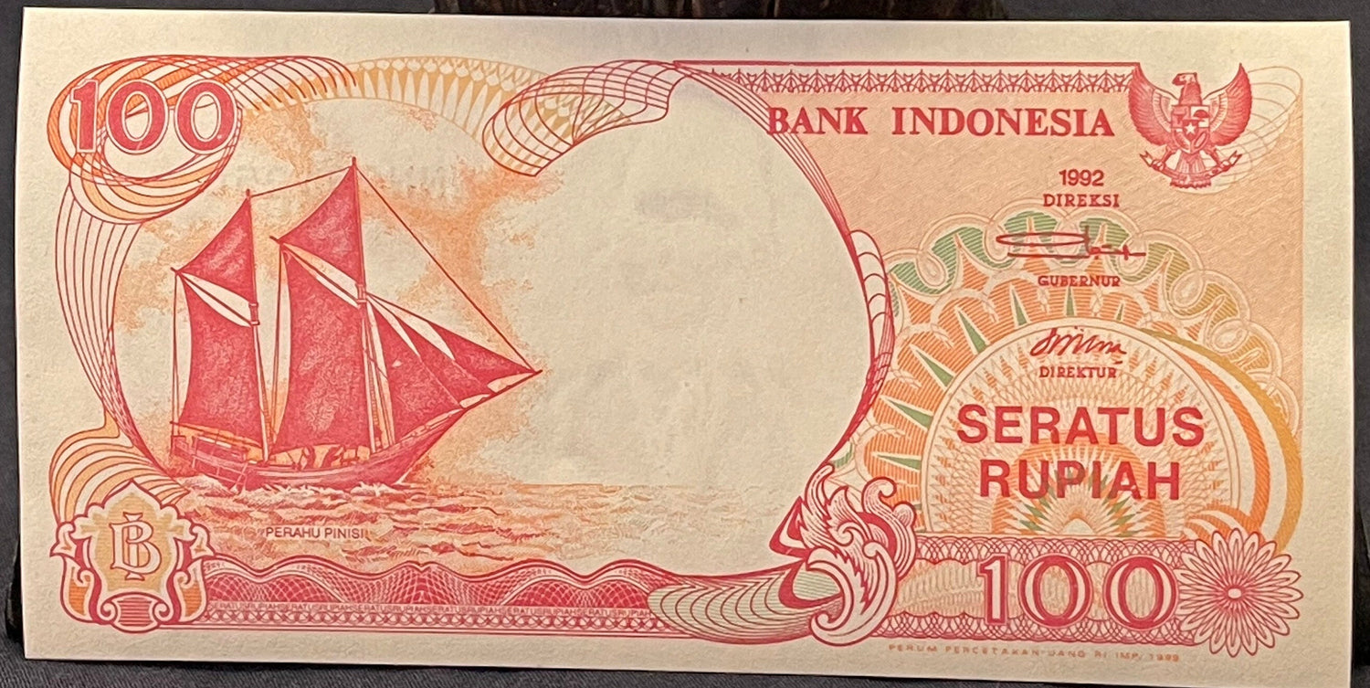 Krakatoa Volcano & Pinisi Sailboat 100 Rupiah Indonesia Authentic Banknote Money for Jewelry and Collage (Garuda) (Volcanic Winter)