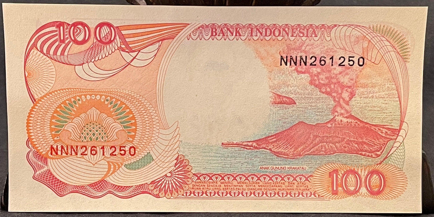 Krakatoa Volcano & Pinisi Sailboat 100 Rupiah Indonesia Authentic Banknote Money for Jewelry and Collage (Garuda) (Volcanic Winter)