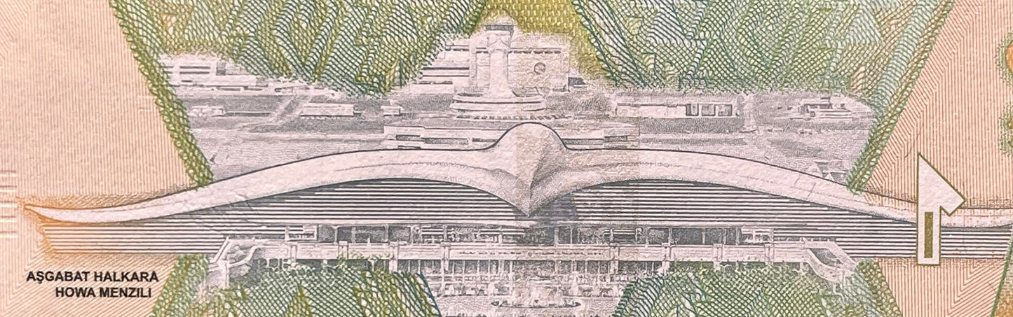 Seljuk Empire Founder Tughril & Falcon-Shaped Airport 1 Manat Turkmenistan Authentic Banknote Money for Collage (Aşgabat Airport) Satellite