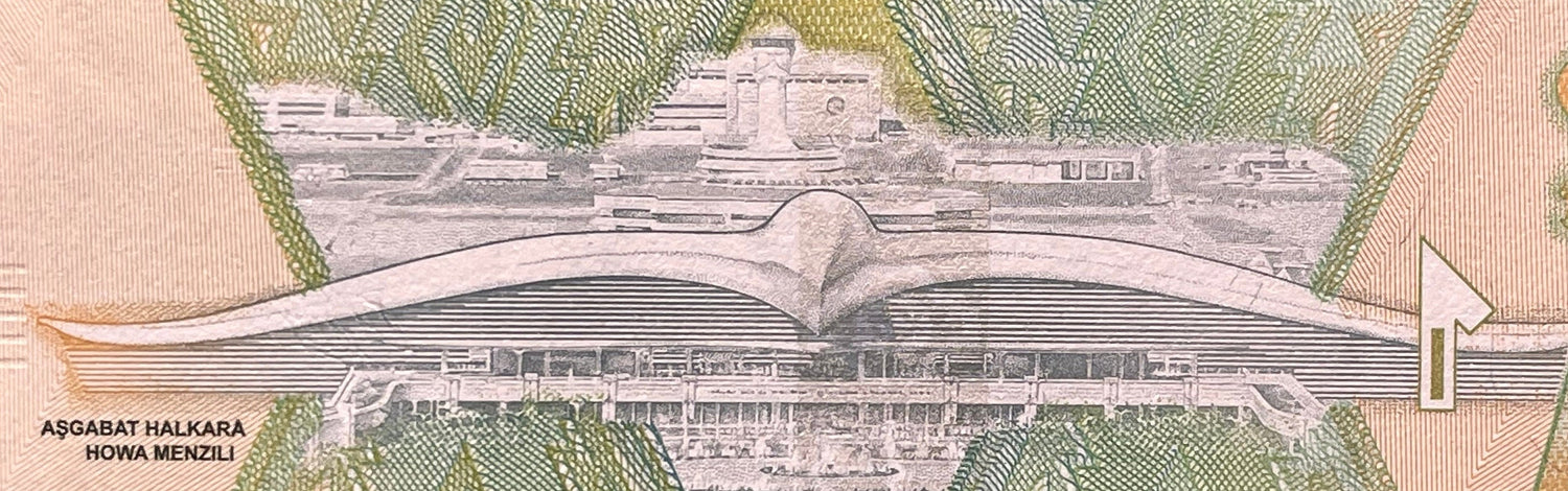 Seljuk Empire Founder Tughril & Falcon-Shaped Airport 1 Manat Turkmenistan Authentic Banknote Money for Collage (Aşgabat Airport) Satellite