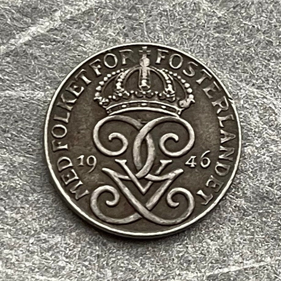 Crowned GGV Monogram 1 Öre (King Gustaf V) & Three Crowns Sweden Authentic Coin Money for Jewelry (Iron Coin) (Kalmar Union)