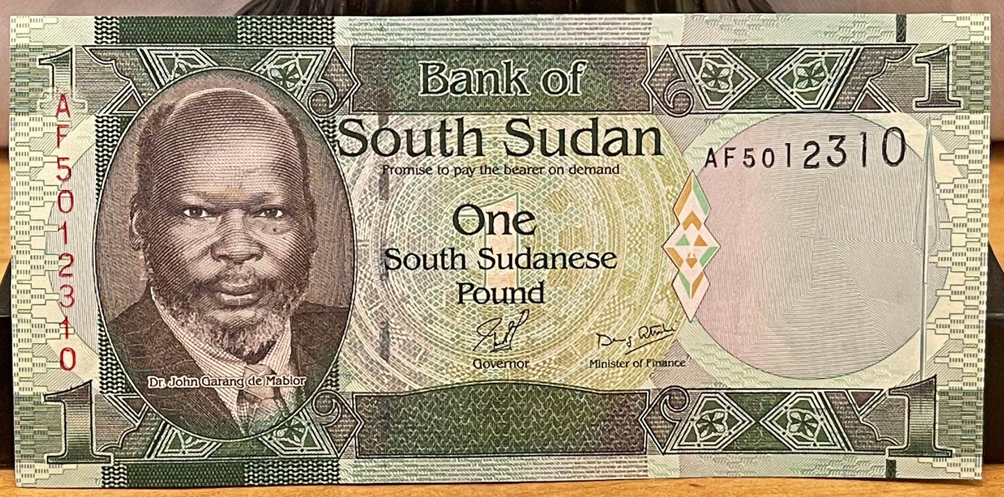 Nubian Giraffes & Revolutionary Leader Dr. John Garang 1 Pound South Sudan Authentic Banknote Money for Jewelry and Collage (Economist)