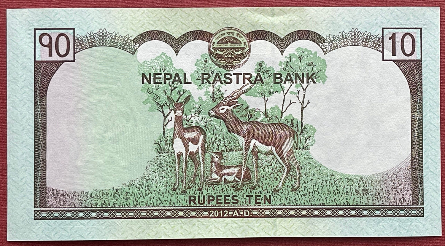 Blackbuck Antelope; Lord Vishnu Riding on Garuda; Mt Everest; Rhododendron 10 Rupees Nepal Authentic Banknote Money for Collage (Sagarmāthā)