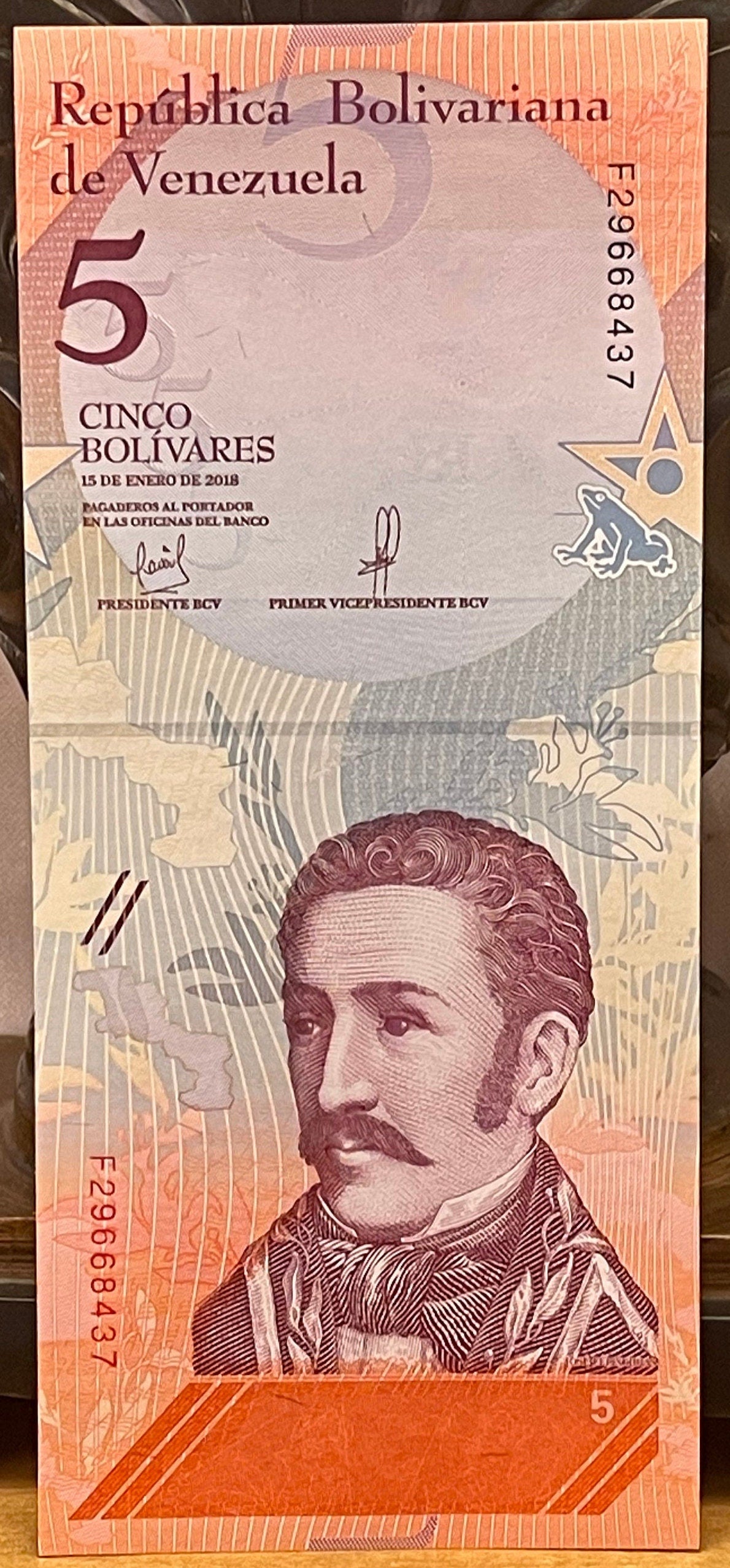 Veragua Stubfoot Toad & Revolutionary Martyr Jose Felix Ribas 5 Bolívares Venezuela Authentic Banknote Money for Collage (Harlequin Frog)