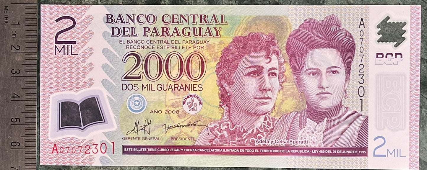 Educators Adela Speratti and Concepción Silva de Airaldi & Parade 2000 Guaranies Paraguay Authentic Banknote Money for Collage (Teachers)