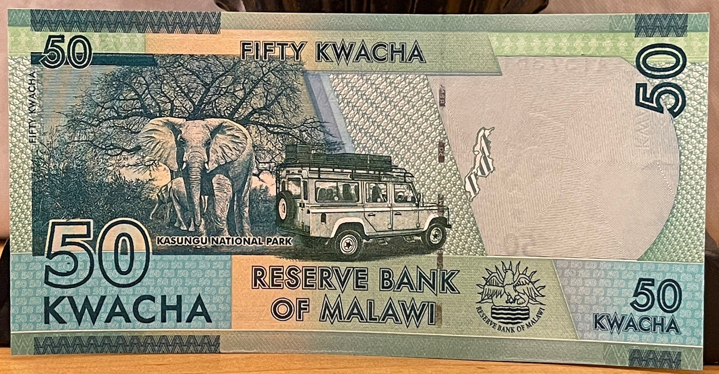 African Bush Elephants, Safari Jeep & Inkosi Ya Makhosi Gomani II 50 Kwacha Malawi Authentic Banknote Money for Collage (Cichlid) (Kasungu)