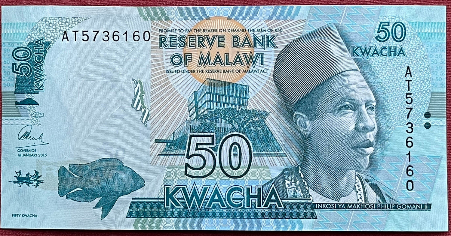 African Bush Elephants, Safari Jeep & Inkosi Ya Makhosi Gomani II 50 Kwacha Malawi Authentic Banknote Money for Collage (Cichlid) (Kasungu)