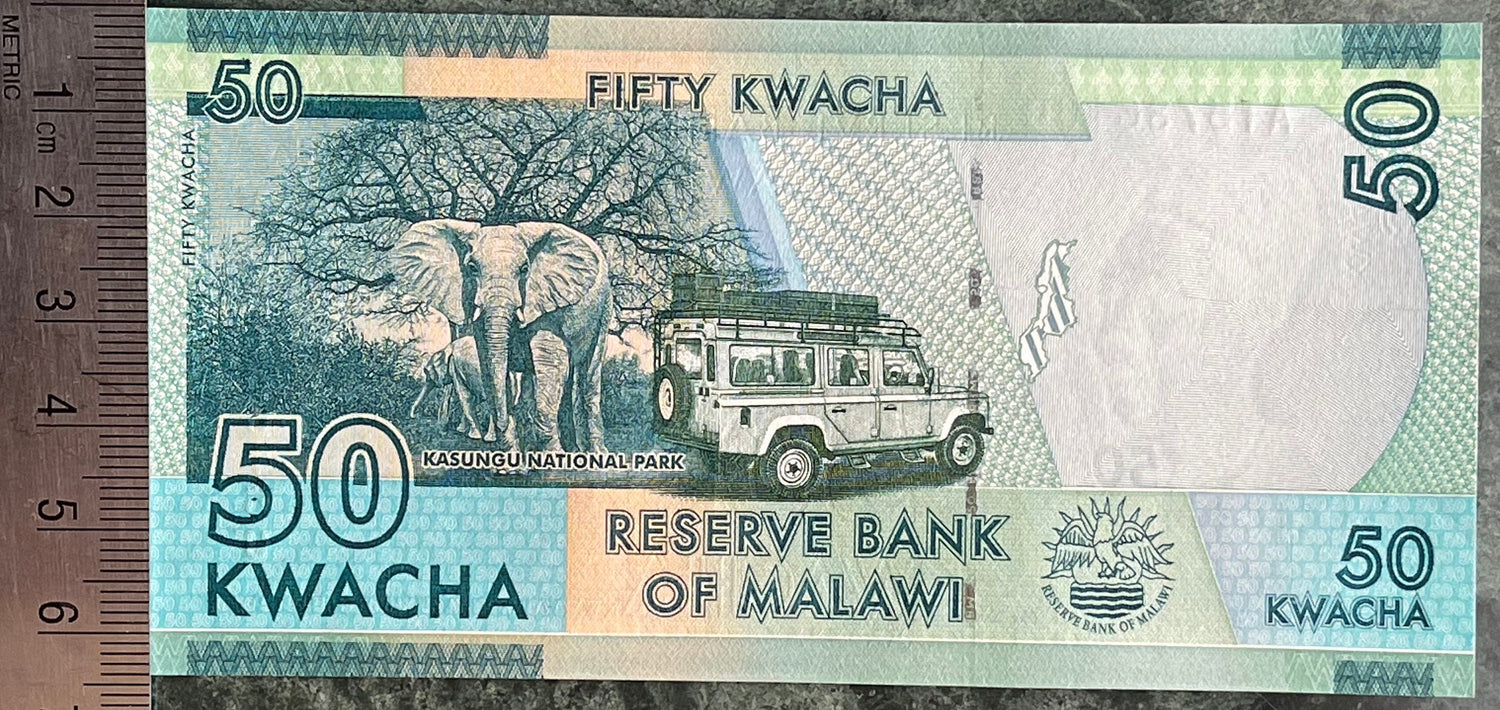 African Bush Elephants, Safari Jeep & Inkosi Ya Makhosi Gomani II 50 Kwacha Malawi Authentic Banknote Money for Collage (Cichlid) (Kasungu)