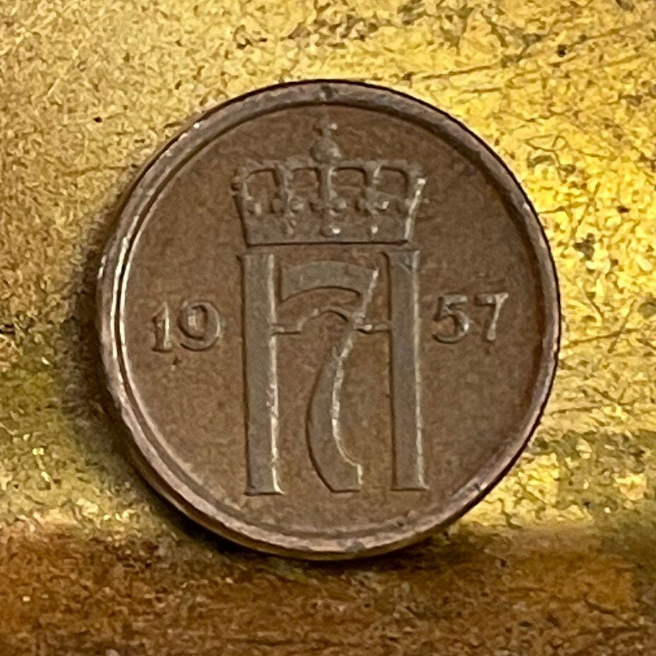 King Haakon 7 Monogram Norway 1 Ore Authentic Coin Charm for Jewelry and Craft Making (Haakon VII) (SMALL)