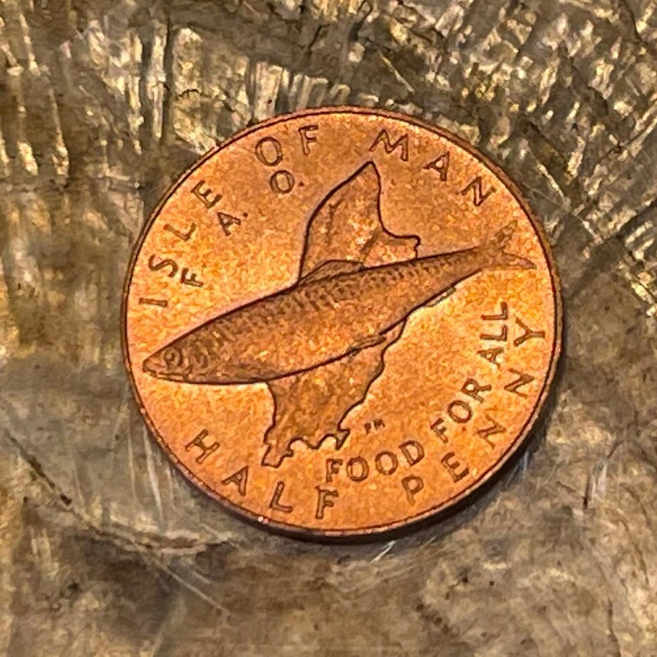 Atlantic Herring on Isle of Man Map Halfpenny Authentic Coin Money for Jewelry and Craft Making