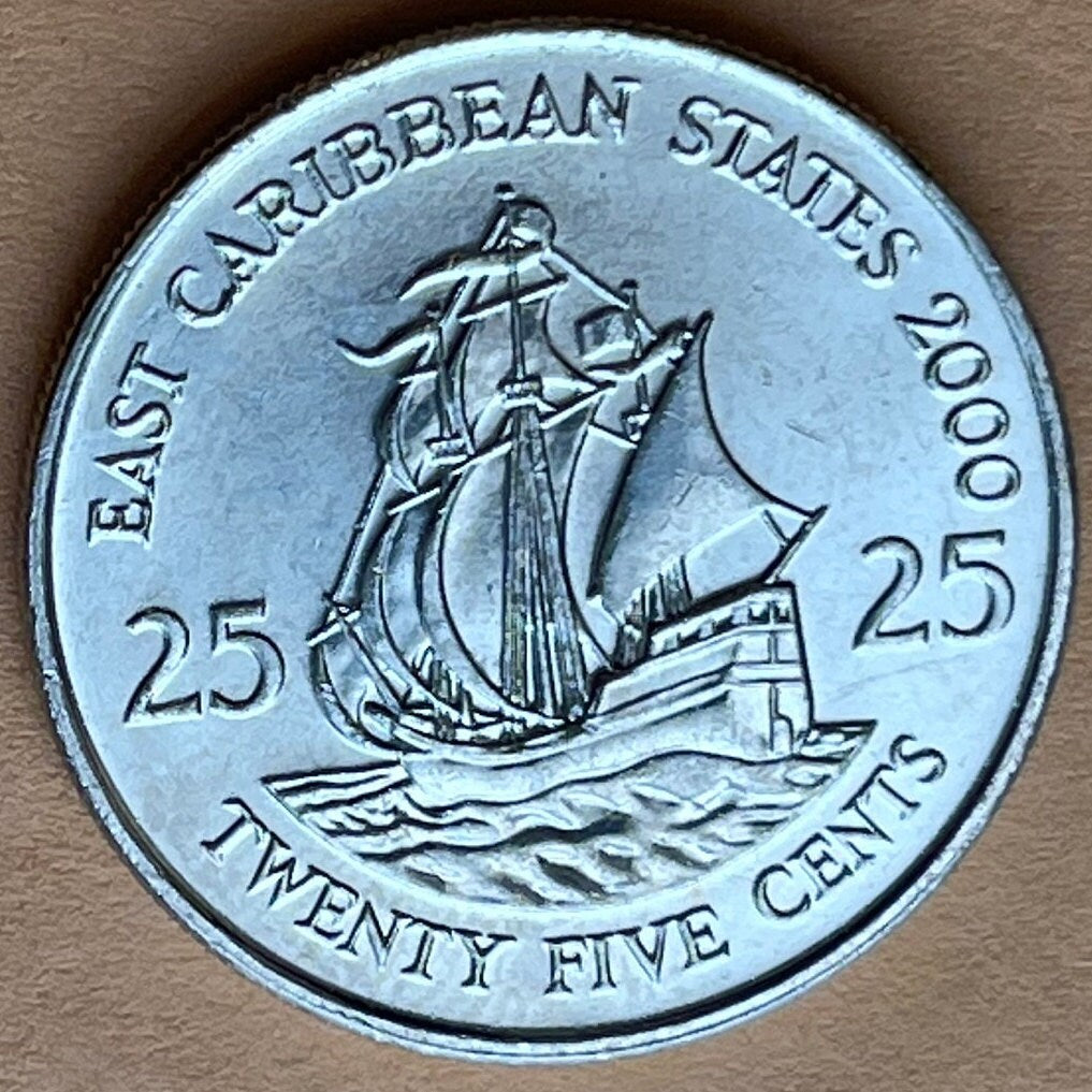 Golden Hind Galleon of Sir Francis Drake 25 Cents East Caribbean States (St Vincent) Authentic Coin Money for Jewelry and Craft Making