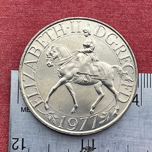 Horseback Queen Elizabeth II & Coronation Regalia 25 New Pence Authentic Coin Money for Jewelry and Craft Making (25th Anniversary) (1977)