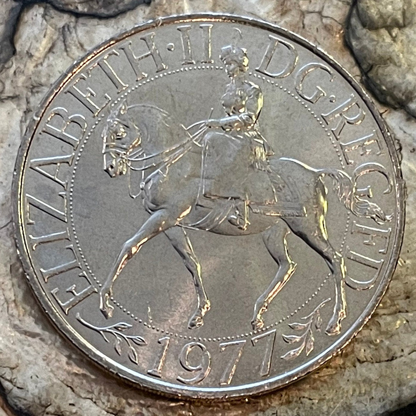 Horseback Queen Elizabeth II & Coronation Regalia 25 New Pence Authentic Coin Money for Jewelry and Craft Making (25th Anniversary) (1977)