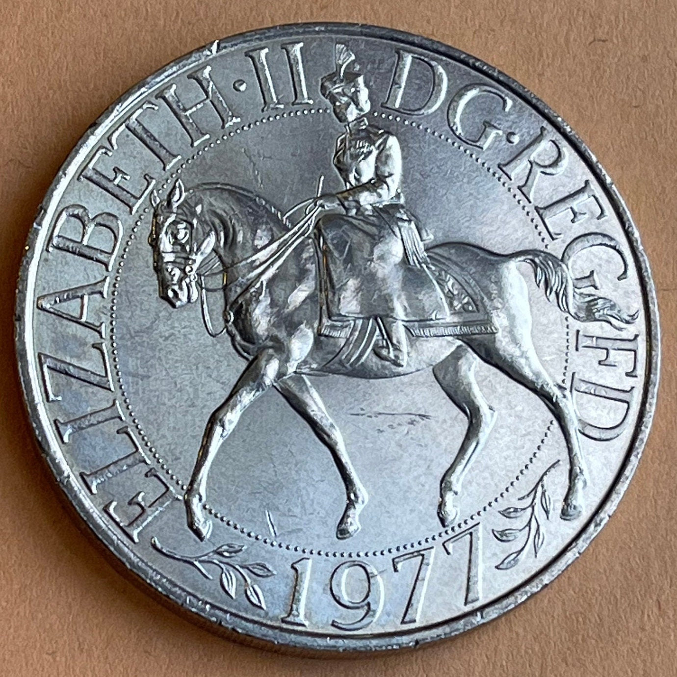 Horseback Queen Elizabeth II & Coronation Regalia 25 New Pence Authentic Coin Money for Jewelry and Craft Making (25th Anniversary) (1977)