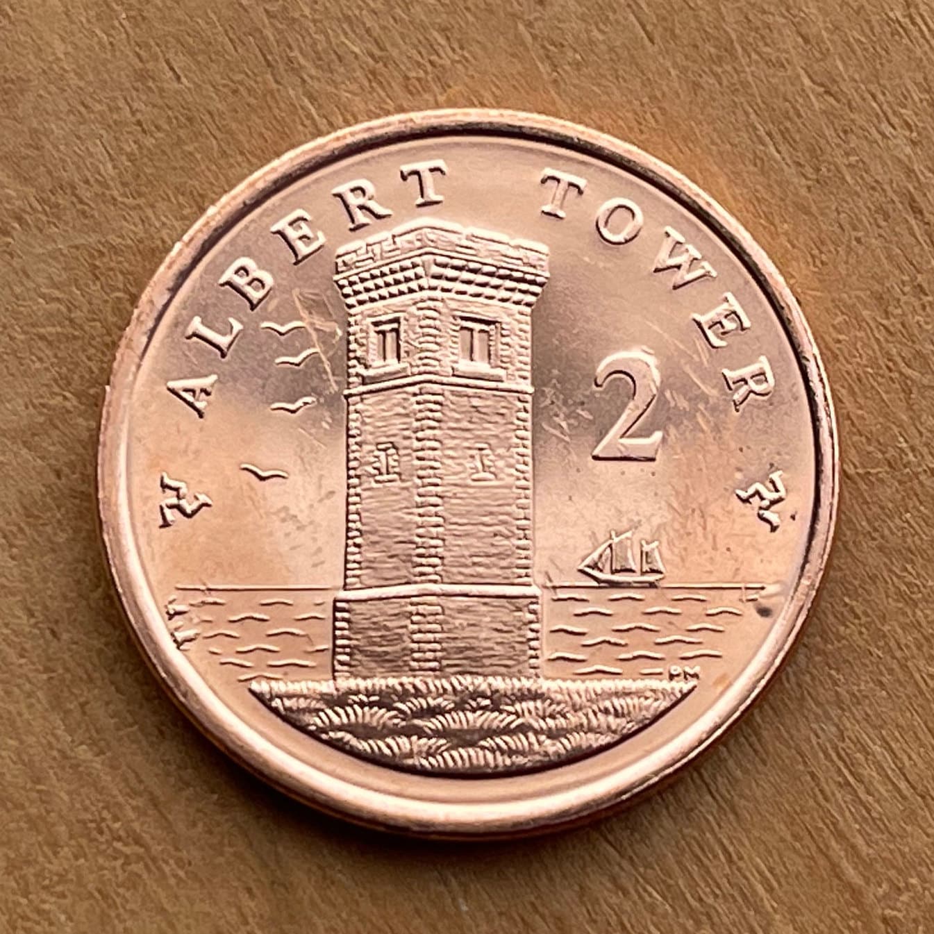 Albert Tower & Ship 2 Pence Isle of Man Authentic Coin Money for Jewelry and Craft Making (Prince Albert) (Lookout) (Watchtower)