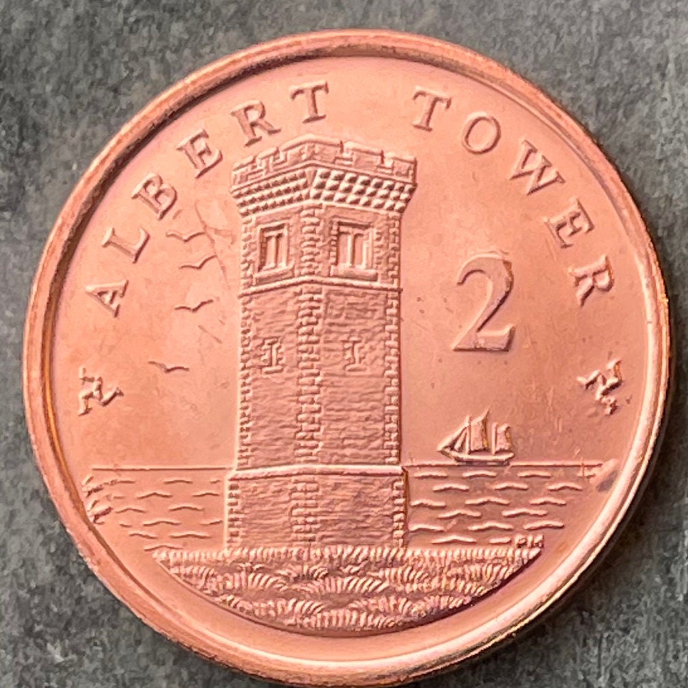 Albert Tower & Ship 2 Pence Isle of Man Authentic Coin Money for Jewelry and Craft Making (Prince Albert) (Lookout) (Watchtower)