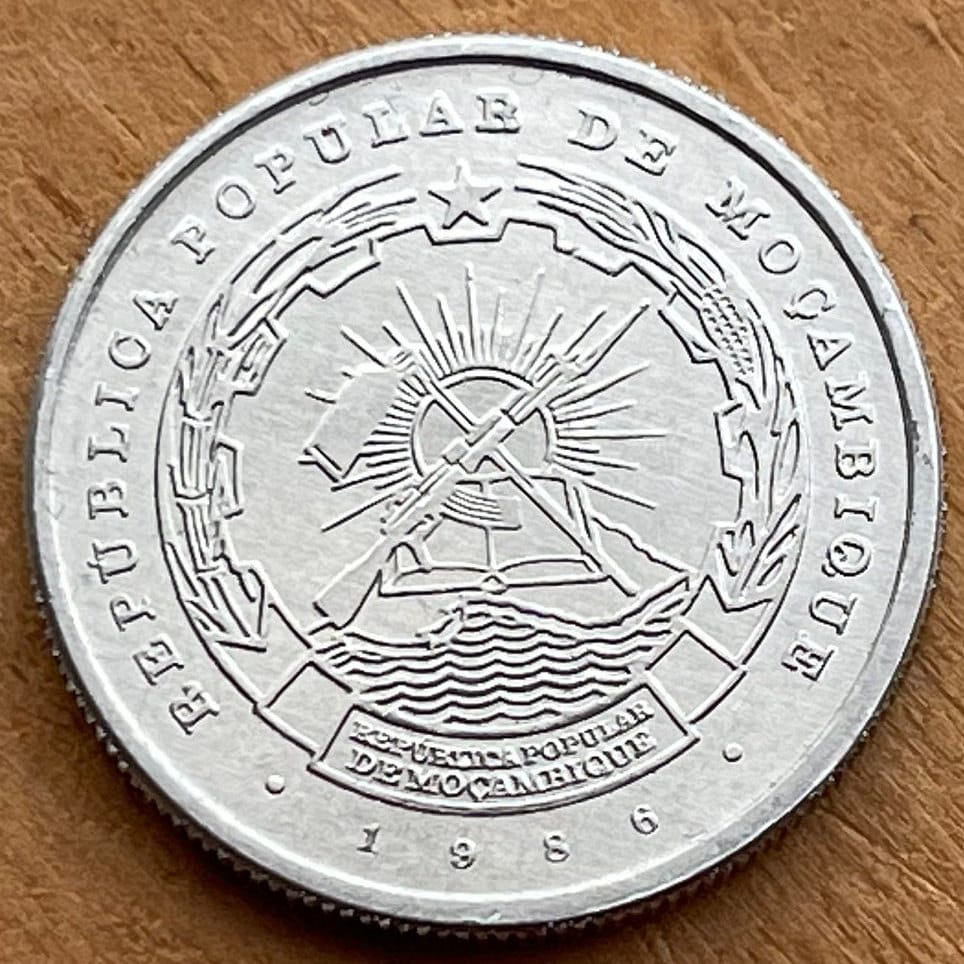 Crane Loads Cargo Ship & AK-47 2.5 Meticais Mozambique Authentic Coin Money for Jewelry and Craft Making (Port of Maputo)