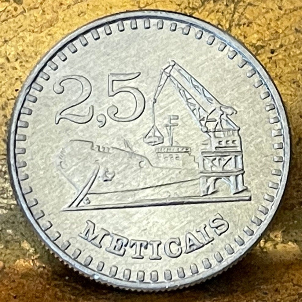 Crane Loads Cargo Ship & AK-47 2.5 Meticais Mozambique Authentic Coin Money for Jewelry and Craft Making (Port of Maputo)