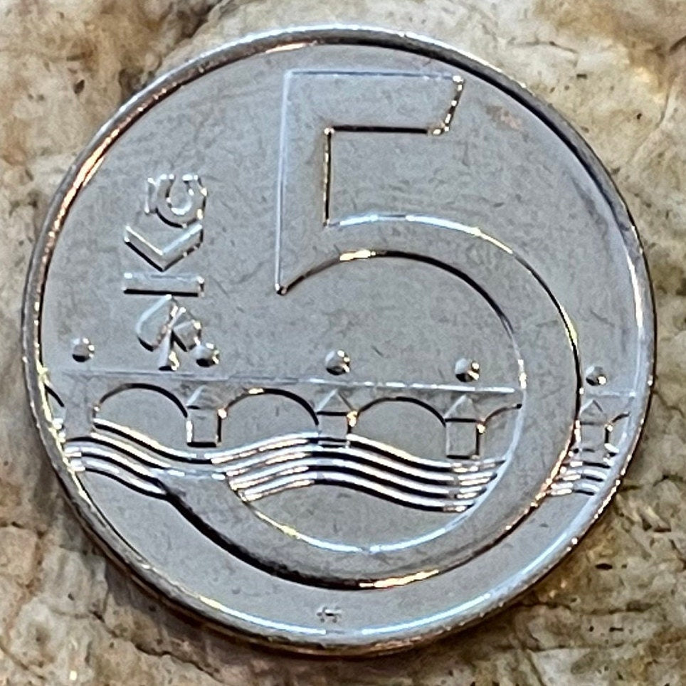 Charles Bridge & Bohemian Lion 5 Korun Czech Republic Authentic Coin Money for Jewelry and Craft Making (Czech Lion) (Double-tailed Lion)
