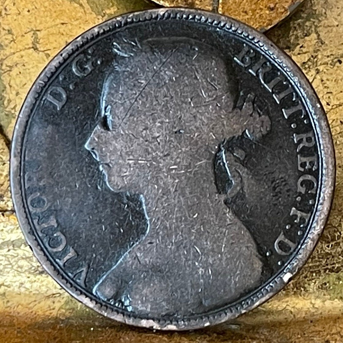 Queen Victoria (2nd Portrait) & Britannia with Trident 1 Penny Great Britain Authentic Coin Money for Jewelry (Bun Head) CONDITION: FAIR