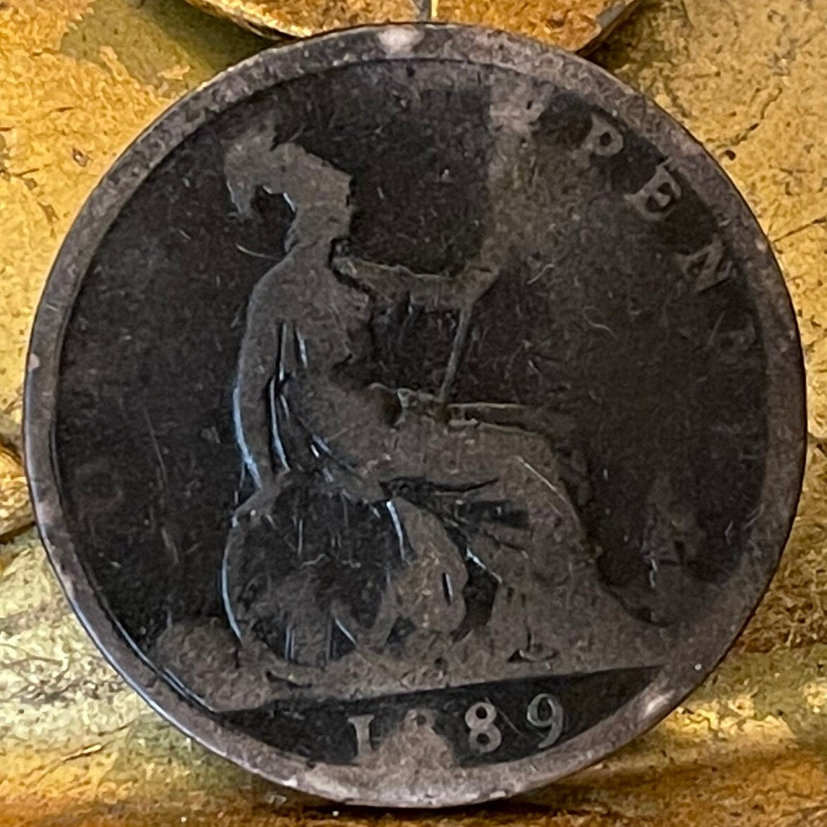 Queen Victoria (2nd Portrait) & Britannia with Trident 1 Penny Great Britain Authentic Coin Money for Jewelry (Bun Head) CONDITION: FAIR