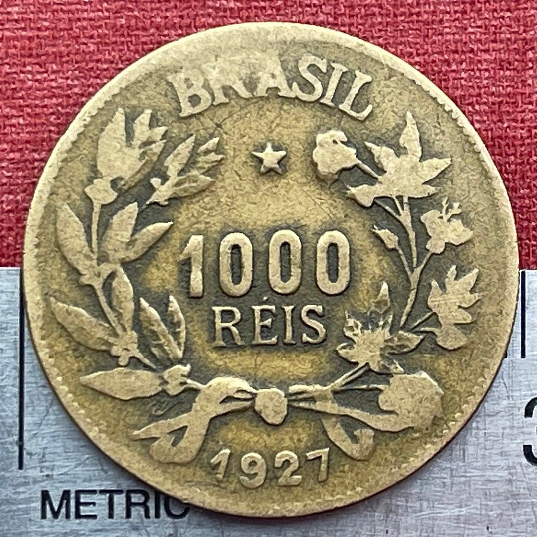 Goddess Abundantia with Cornucopia & Southern Cross Constellation 1000 Réis Brazil Authentic Coin Money for Jewelry and Craft Making (Crux)