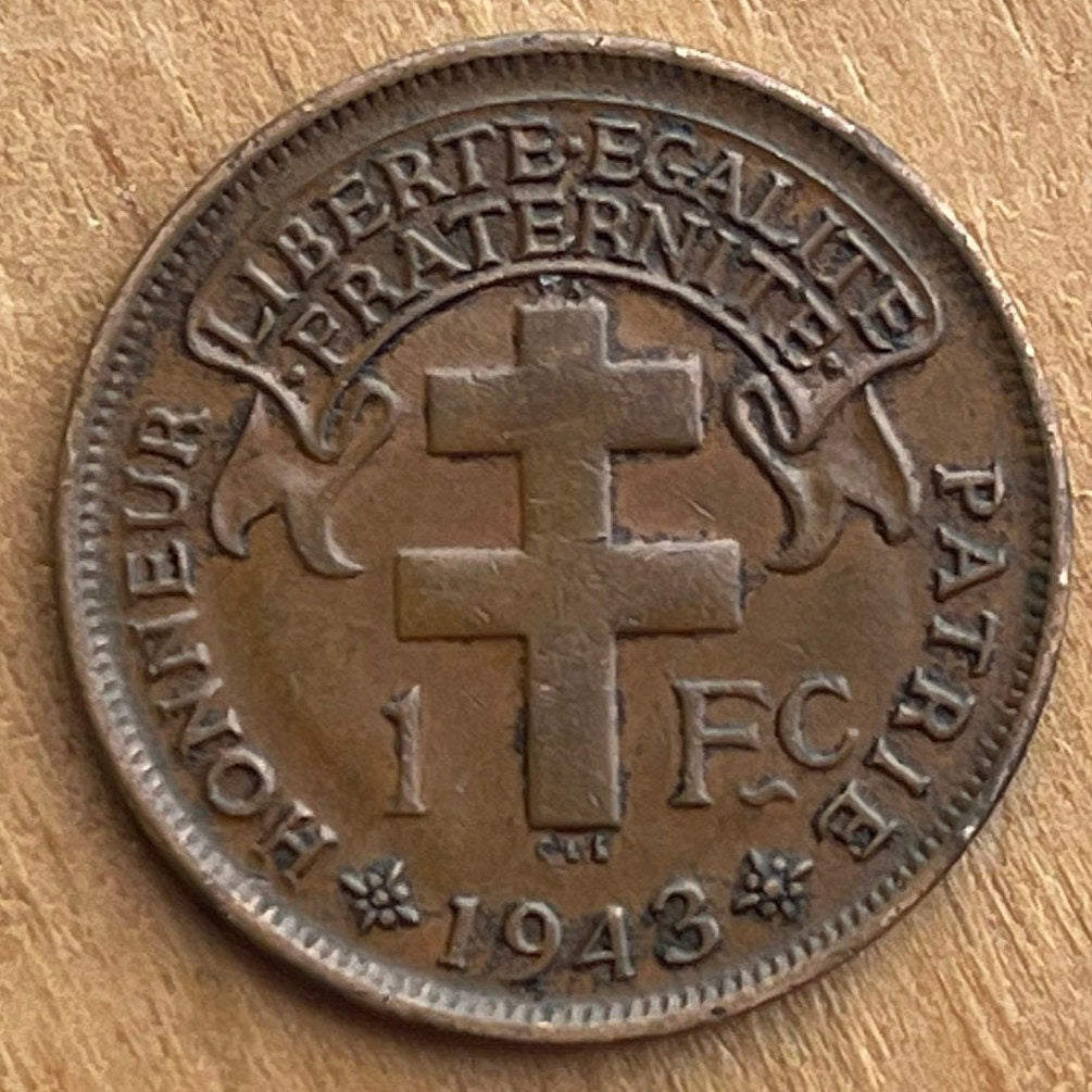 Gallic Rooster 1 Franc Chantecler & Free French Cross of Lorraine French Cameroon Authentic Coin Money for Jewelry (Le Coq Francais) 1943