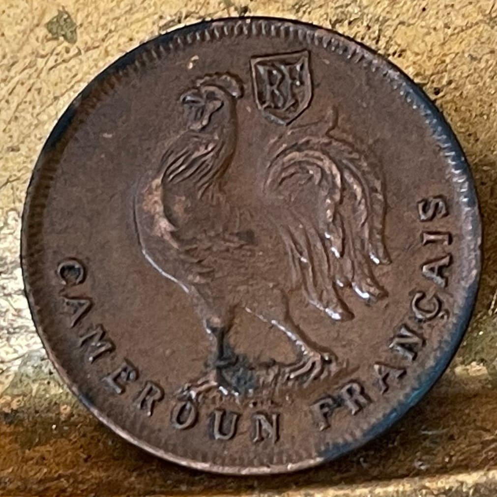 Gallic Rooster 1 Franc Chantecler & Free French Cross of Lorraine French Cameroon Authentic Coin Money for Jewelry (Le Coq Francais) 1943