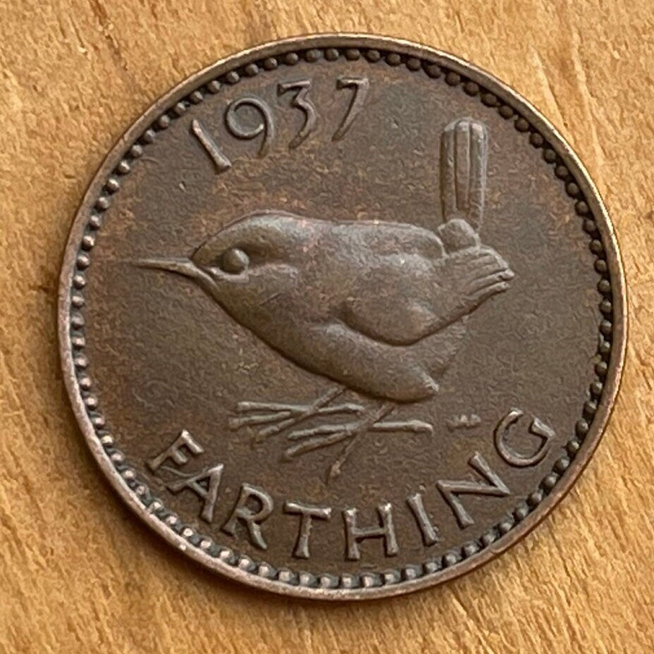 Eurasian Wren & King George VI 1 Farthing Great Britain Authentic Coin Money for Jewelry and Craft Making